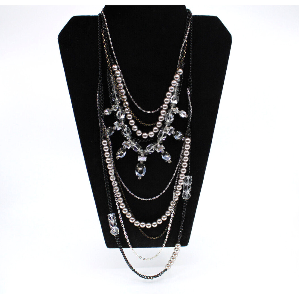 A5 New CHICO'S Judy Fringe Crystal Layered Multi Strand STATEMENT NECKLACE $79